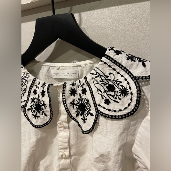 Zara Girls Cropped Button Up Blouse With Embroidered Bib Collar In White Size 8 - Picture 3 of 7